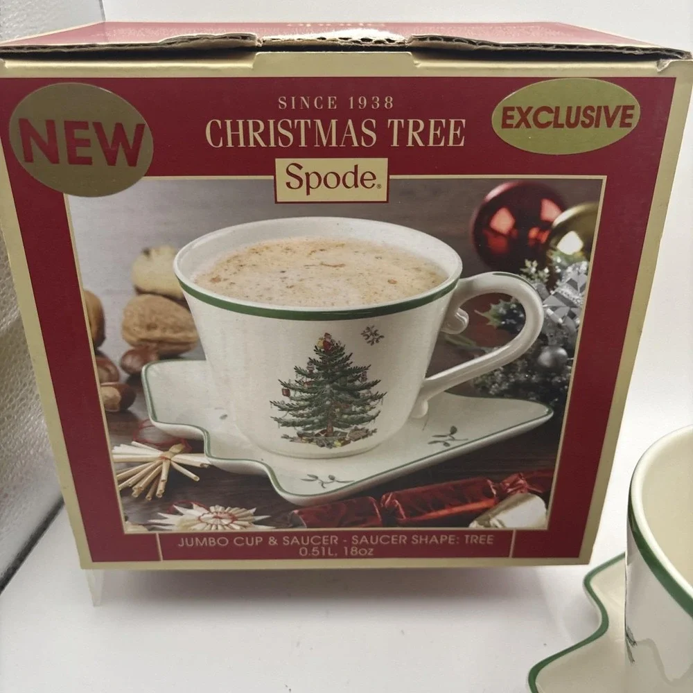 Spode~Christmas Tree~Jumbo Cup & Saucer~Saucer Tree Shape~18oz~IOB